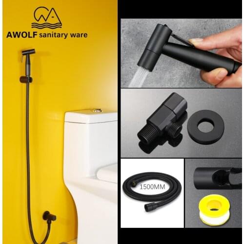 Toilet Hand Held Bidet Sprayer Black Stainless Steel Douche Kit Shattaf Copper Valve Set Bathroom Shower Head Faucet Tap AP2117