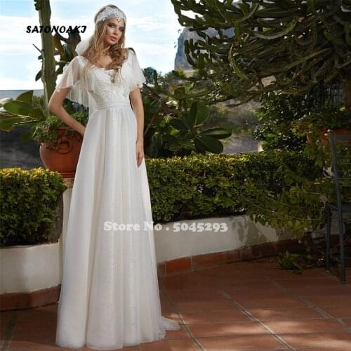 Sexy Boho Wedding Dresses Tulle Appliques V-Neck Short Sleeve Lace Up A-Line Bridal Gown Robe De Mariée Vestidos Sukienki France