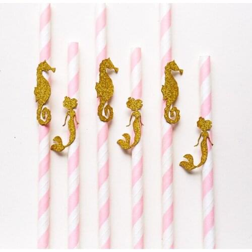 Gold Glitter Mermaid and Seahorse MIX on Paper Straw. Under the Sea Party. Mermaid Party. Pink and Gold Party Decorations