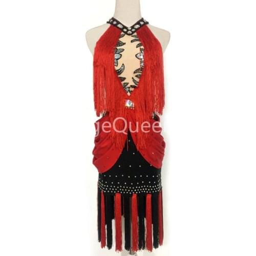 Rhinestones Competition Latin Dance Dress Women Salsa Samba Carnival Costume Tango Clothes Fringe Dancewear For Girls Black Red