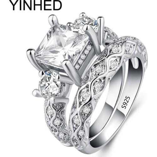 YINHED 2Pcs Solid 925 Sterling Silver Wedding Ring Set Engagement Band Gift Jewelry For Women ZR455