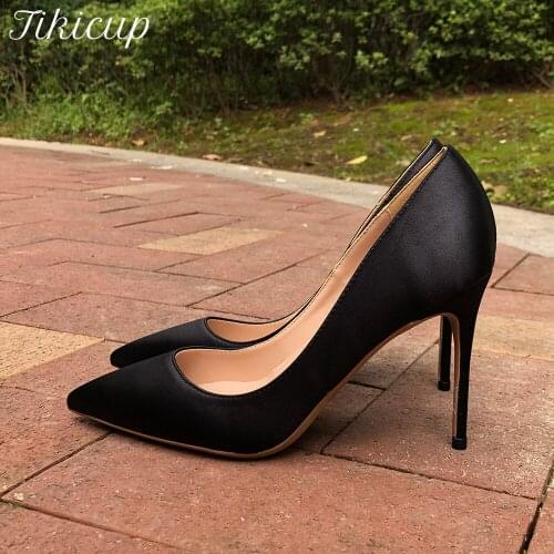Tikicup Women Black Silk Satin Pointed Toe Stiletto High Heels 8cm 10cm 12cm Ladies Slip On Pumps Elegant Formal Dress Shoes