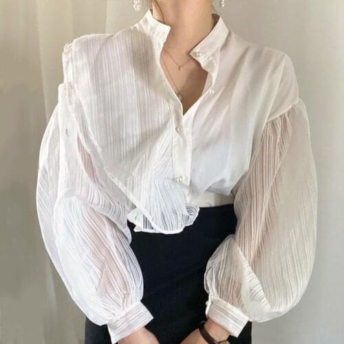 Women Solid Lantern sleeve Lace Blouse Shirt Office Ladies Stand Collar Patchwork Pullover Tops Sexy Hollow Out Female Shirt Blu