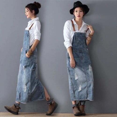 2021 Maxi Denim Dress Summer Ladies Suspenders Holes Jean Dresses Female Loose Plus Size Bib Blue cowboy Long Dress