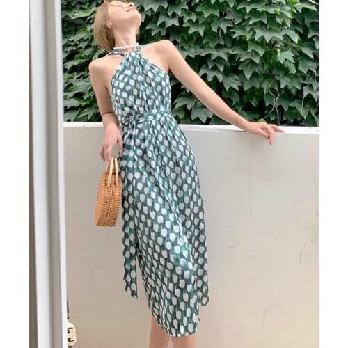 Fashion Korean Vintage Sexy Halter Sleeveless Midi Party Dress Ladies Elegant Robe Casual Coffee Break Sashes Print Beach Dress