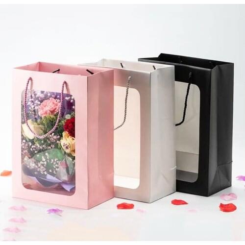1pcs Solid Color Paper Party Bags Kraft Bag with Handles Birthday Gift BagFlower Gift Handbag White Card Bag Bouquet Packaging