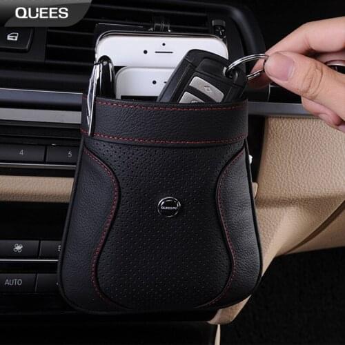 QUEES Genuine Leather Car Storage Bag Holder Mobile Phone Car Keys Dashboard Door Air Outlet Seat Back Hanging Bag