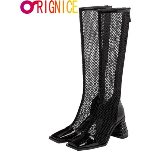 Orignice High Heeled Sandals High Boots Women Summer Block Heel Square Toe Breathable Hollow Out Lace Up Sexy Shoes Black Aprico