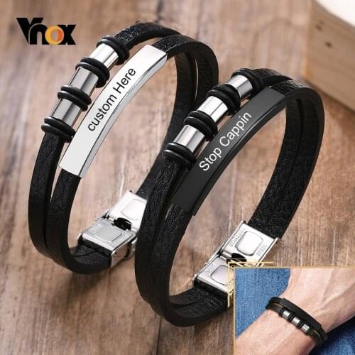 Vnox Customized Mens Leather Bracelet, Black Leather with Beads Bangle, Personlaized Logo Name Bracelets for Women,Gift for Him
