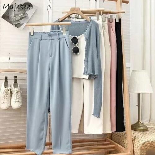 Casual Pants Women Button Fashion Cozy Ulzzang Solid Ankle Length Straight Female Trouser High Waist Street Style Spring Daily