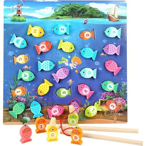 Childrens wooden toys Montessori alphabet recognition magnetic fishing board game baby toy early learning educational toys gift