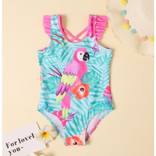 Kids Girls One Piece Swimwear Cartoon Parrot Print Swimsuit Rompers Summer Stylish Bathing Suit for Children Girls Overalls 2021