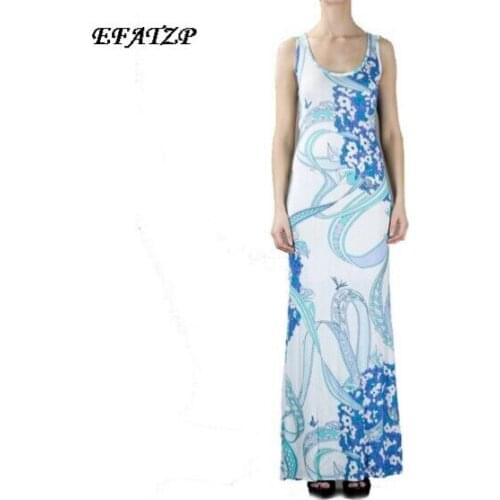 [EFATZP] Italy Designer Brand Dress Womens Charming Printed Stretch Jersey Silk Maxi Dress - Elegant Long Dresses,S-XXL