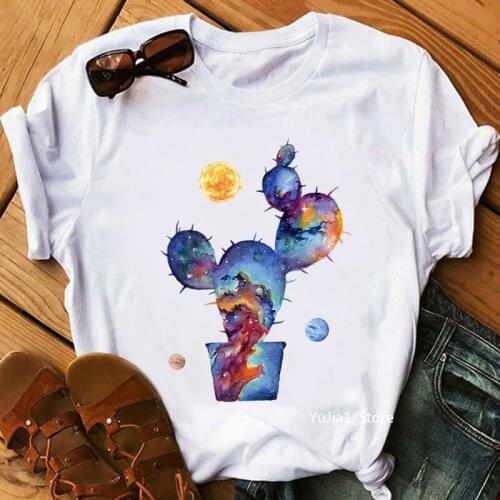 Kawaii Starry Cactus Print Women T-Shirts Funny White Tshirt Femme Harajuku Shirt Summer Fashion Tops Tee Shirt Female