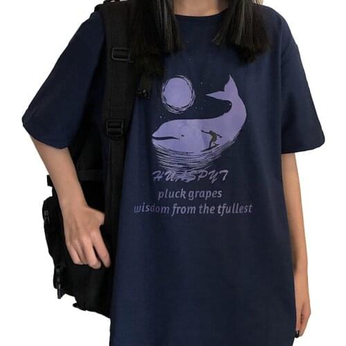 ZuoLunOuBa Casual Summer Blue Women T Shirt Girl Tees Print Comics Sun Whale Letter Student Loose Short Sleeves Tops Female