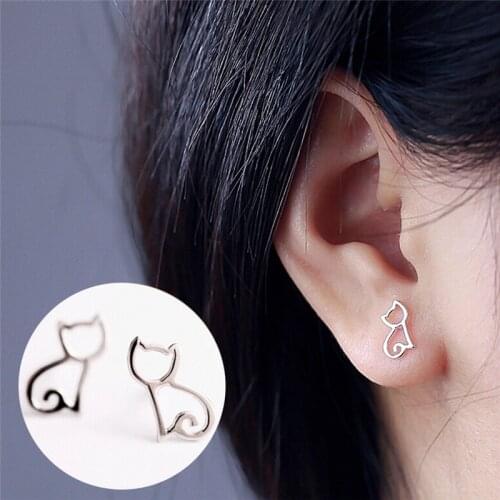 Graceful 1 Pair New Women Silver Color Stud Earrings Lovely Hollow Out Cats Cartoon Earrings Creative