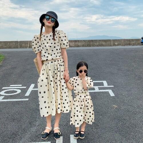 Summer family matching clothes sets fashion dot mom and daughter cotton short Tops and wide leg trousers 2pcs sets mommy and me