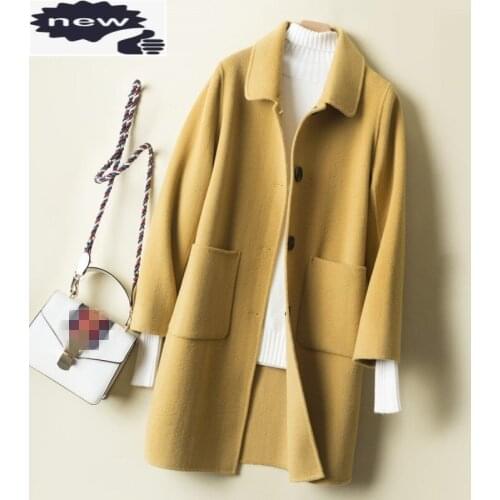 Korean Peter Pan Collar Straight Soft Womens Woolen Long Sleeve Single Breasted Pockets Solid Female Medium Length Coats