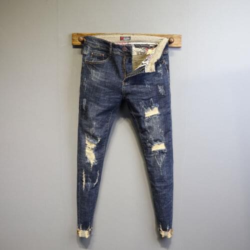 Fashion 2021 ripped hole street Casual denim slim raw-edge trousers slim-fit feet pants mens spring ripped holes pencil jeans