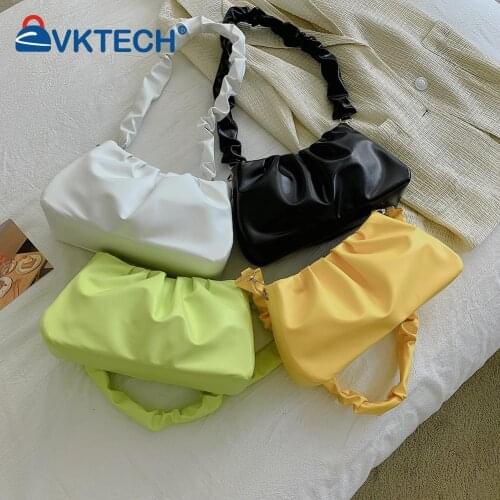 Womens Fashion Leather Handbags Retro Women Pleated PU Shoulder Bag Casual Ladies Small Pure Color Underarm Bags