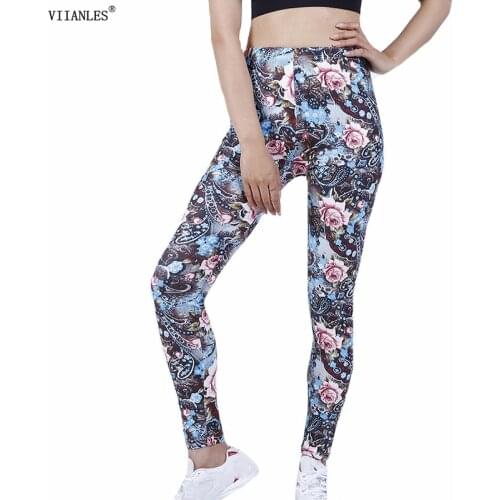 VIIANLES Fashion Womens Leggings Print Casual Skinny Pants Elastic Floral Print Trousers New Female New Gym Fitness Leggins