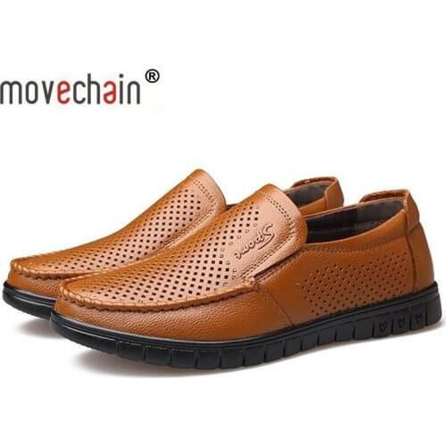 Movechain Mens Genuine Leather Summer Casual Hole Loafers Men Fashion Soft Comfortable Shoes Man Leather Breathable Shoe