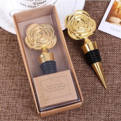 New Creative Gold Color Metal Rose Wine Bottle Stopper Wedding Gifts Party Favors for Guests LX7025