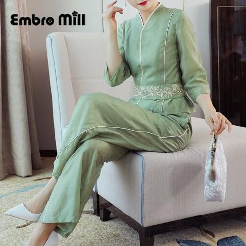 Summer New Chinese Style Womens V-neck Embroidered Belt Top Short + Wide-Leg Pants Elegant Friends Party Two-Piece Suit S-XXL