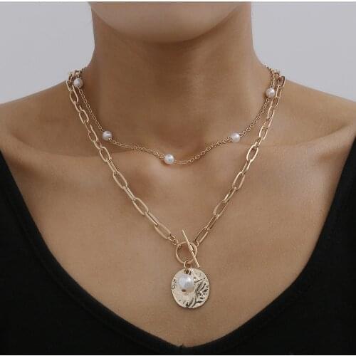 DIEZI Punk 2020 New Coin Chain Necklace Women Gold Silver Color Pearl Choker Gothic Multilayer Pendant Necklaces Jewelry Party