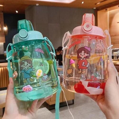 Portable Water Bottle For Children With DIY Cartoon Sticker Straw Cup Plastic Water Bottles Student Kettle Kids Water Sippy Cup
