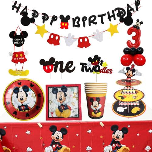 Mickey Mouse Theme Party Banner Party 6 People Disposable Plate Napkin Cup Cake Toppers for Kids Favor Flag Decoration Gifts