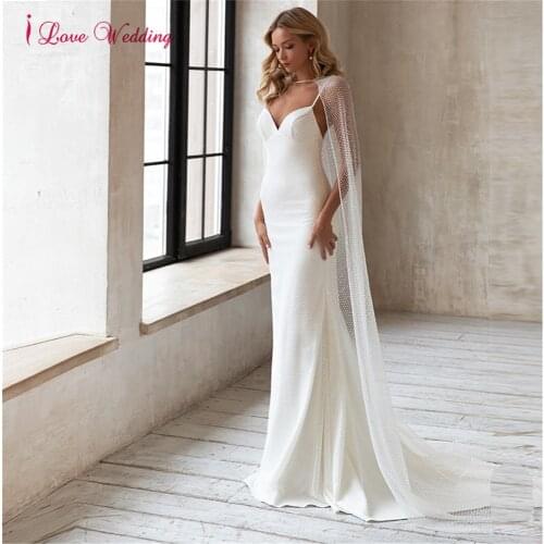 Simple Elegant Slip Wedding Dress Detachable Cape Wrap Tulle Bridal Dress Spaghetti Strap White Backless 2021 Vestidos De Novia