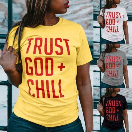 S-3XL Multicolor Women Letter Print Solid Color Round Neck Top Short Sleeve T-Shirt among us trust god chill wild Comfortable T5