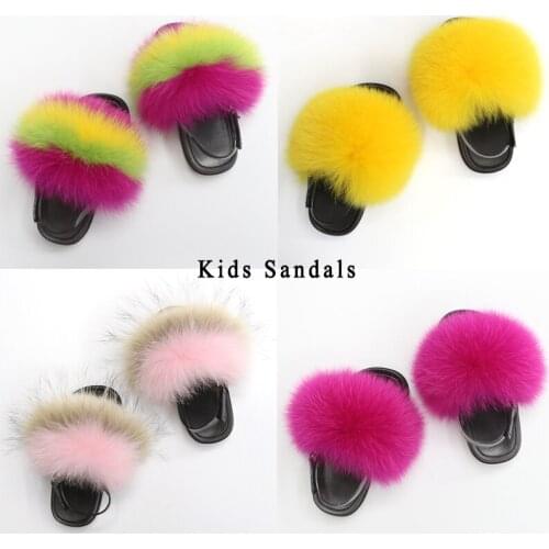 Baby Girl Sandals Luxury Real Fox Fur Slipper Toddler Girls House Slippers Cute Hairball Kids Shoes Summer 2021 Furry Slides 3 Y
