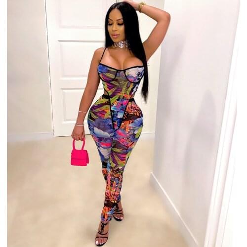 Sexy Mesh See-through Printed Two Piece Set Women Matching Sets Bodysuit Top and Pants Leggings 2 Piece Birthday Club Outfits