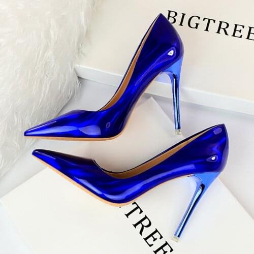 2020 New Fashion Women Designer Blue Green High Heels Pumps Patent Leather Stripper Stiletto Wedding Holographic Shoes Plus Size