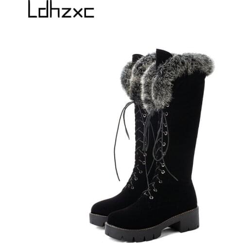 LDHZXC Pu Leather Knee High Boots Women Autumn Winter Med Heel Ladies Cross Strap Shoes Woman Black Round Toe Boots