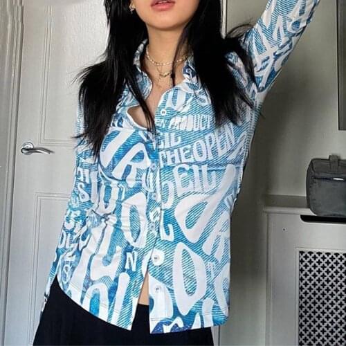 Letter Print Slim Sexy Shirt Women Long Sleeve V Neck Blue Casual Crop Top Lady Autumn 2021 Korean Fashion Streetwear Y2k Shirts