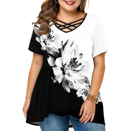 Womens Plus Size T-Shirt Fashion Cross bandage Tops Floral Printed short sleeved Tee Shirts femme clothing elegantes para mujer