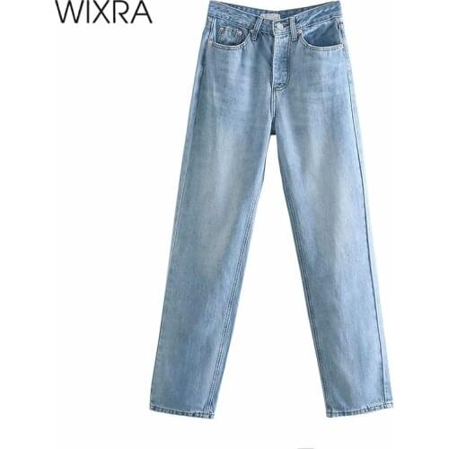 Wixra High Waist Long Jeans Womens New Fashion Streetwear Casual Button Fly Femme Solid Blue Denim Pants