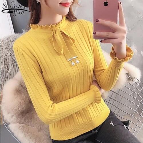 Ruffled O-neck Long Sleeve Womans Pullover Sweaters Korean Solid Colors Slim Bottom Shirts Winter Clothes Women OL Style 10367