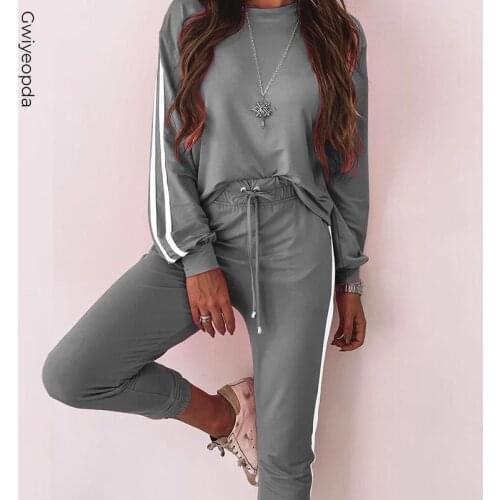 Women Hoodies 2PCS Tracksuit Set Elegant Casual O-neck Long Sleeve Pullover+ Long Pants Suit Female Autumn Side Stripe Sportwear