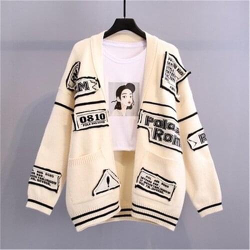 Letter Print Patchwork Sweater Cardigan Female Jacket 2020 Autumn Outwear Knitshirt Tops Women Harajuku Loose Cardigan