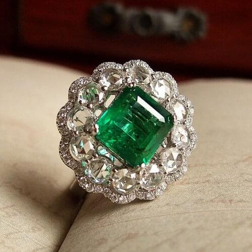 Colombian For Women Ice Cut Solid 18K White Gold 1.2ctw Moissanite Green Emerald Double Halo Ring Engagement Ring