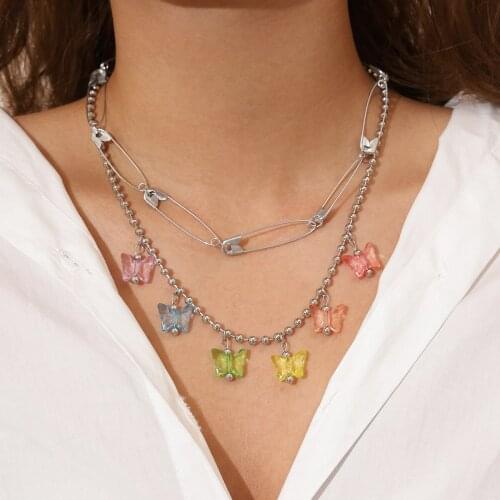 10pcs/lot Butterfly Pin Choker Necklace Women Harajuku Style Collares Punk Multilayer Necklace Pendants Charm Jewelry