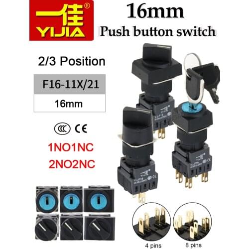 Key lock 16mm selector Momentary round Push Button Switch Self Reset return 3 position 2NO2NC 8 pin F16Y-22Y/33 Silver contact
