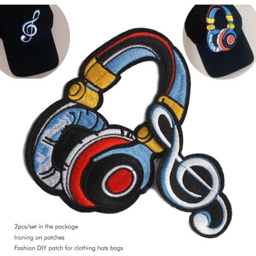 2pcs/set music note headset patches for clothing 3D embroidered DIY iron on ironing patch appliques for hat bags jeans jackets