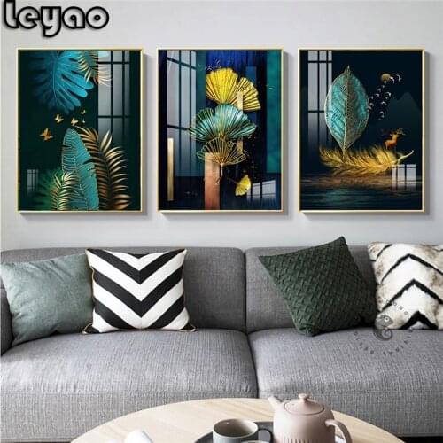 3 Panels Diamond Painting Chinese Style Green and Gold Cross Stitch 5d Full Diamond Embroidery Wall Art Home Decor Triptych