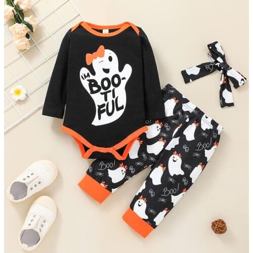 2021 Newest Baby Girls 3Pcs Halloween Outfits, Long Sleeve Ghost Letter Romper + Pants + Headband Set