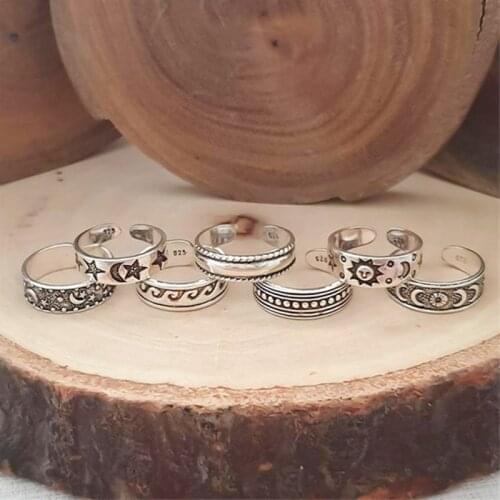 7Pcs Retro Hollow Carved Star Moon Toe Rings Kits Bohemian Adjustable Opening Finger Ring For Women Boho Beach Foot Ring Jewelry